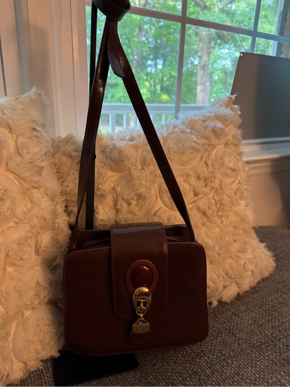Vintage Marchino Cognac Brown Leather Shoulder Bag Gold Hardware